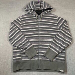 Eddie Bauer Gray & White Striped Full-Zip Hoodie Jacket Sherpa Lining Mens SZ M